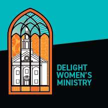 Illustration of John L. Hill chapel as stained glass with Delight Women's Ministry written out.