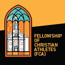 Illustration of John L. Hill Chapel as stained glass, with copy saying Fellowship of Christian Athletes.