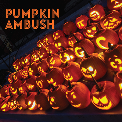 Image of 100 pumpkins on the steps of Giddings Hall.
